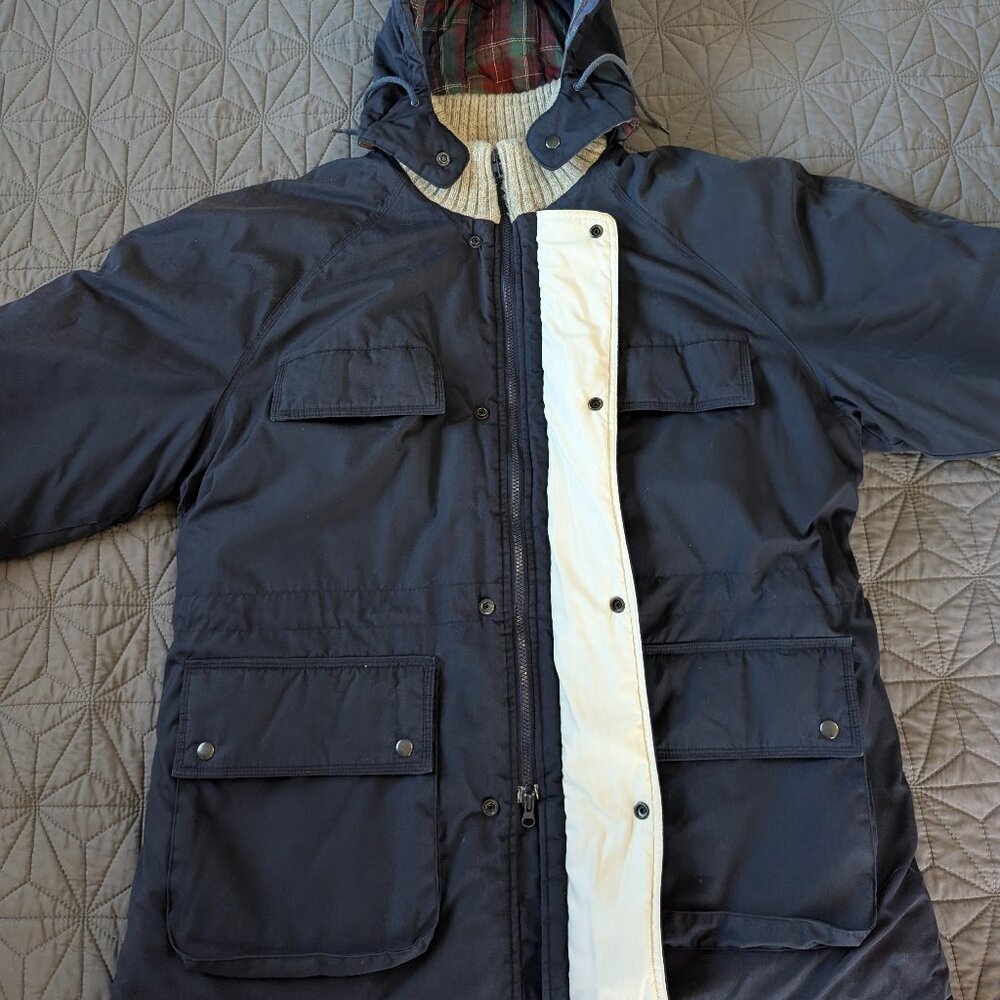 Vintage 90s St. John's Bay Navy Parka Hooded Plaid Lining Utility XL Gorpcore